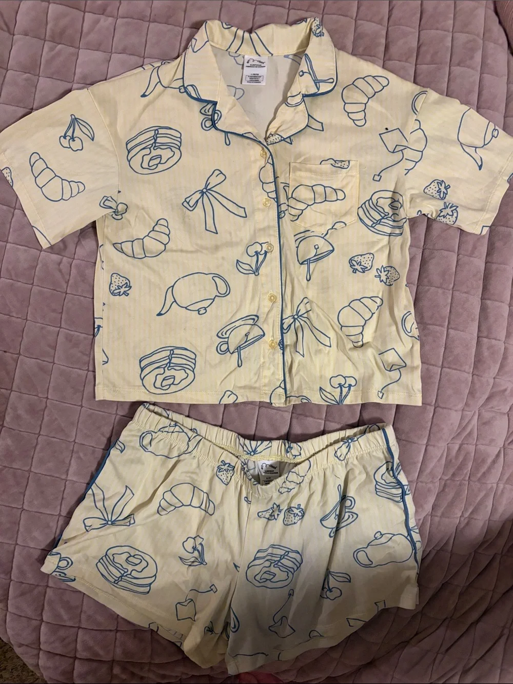 Kids Yellow Breakfast-Print Pajama Set    Size L (10/12)